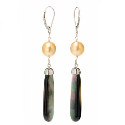 SS 9-10mm OVAL GOLDEN SOUTH SEA & BLACK MOP LEVERBACK EARRINGS
