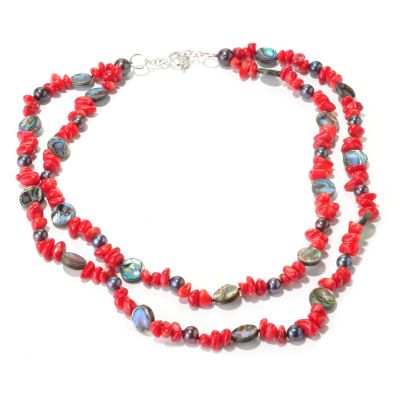 SS 22-27" DYED RED SEA BAMBOO, BLACK FWP & ABALONE NECKLACE