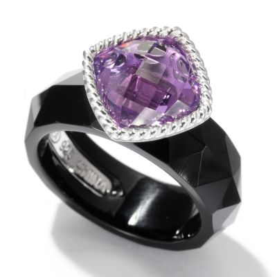 125-166 - Gem Insider Sterling Silver 12.00ctw Cushion Cut Amethyst & Black Agate Ring