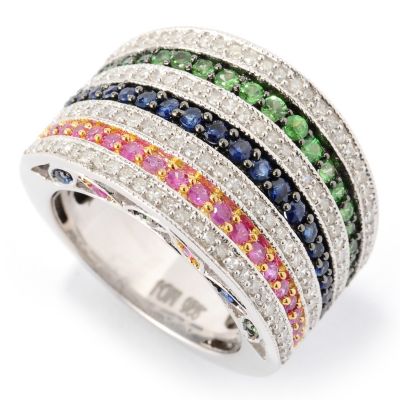 SS 6 ROW BAND MULTI COLOR SAPP AND DIAMOND RING