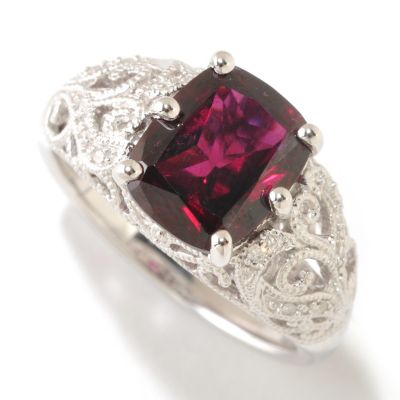 125-183 - Gem Insider Sterling Silver 2.86ctw Plum Rose Cushion Cut Garnet & Diamond Ring