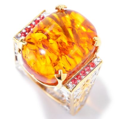 125-202 - Gems en Vogue II 20 x 15mm Baltic Amber & Orange Sapphire Euro Shank Ring