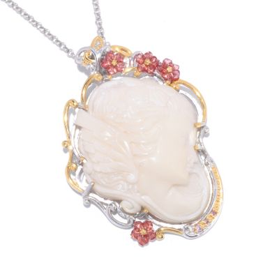SS/PALL PEND HAND-CARVED VEGETABLE IVORY PORTRAIT & MULTI GEM w/ 18" CHAIN