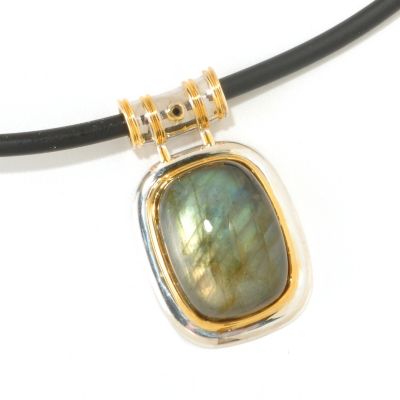 MEN'S - SS/PALL PEND MADAGASCAR BLUE LABRADORITE & BLK DIA w/ 22" RUBBER CORD