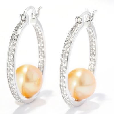 125-302 - Sterling Silver 8-9mm Round Golden South Sea Cultured Pearl & Topaz Hoop Earrings 