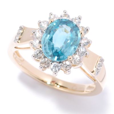 14K YG NEON BLUE ZIRCON WITH WHITE SAPP FRAME RING