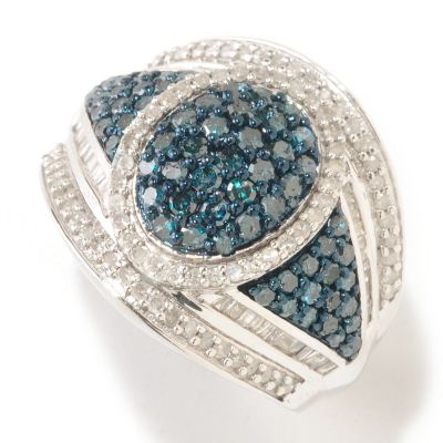 SS PAVE OVAL BLUE AND WHITE DIAMOND RING
