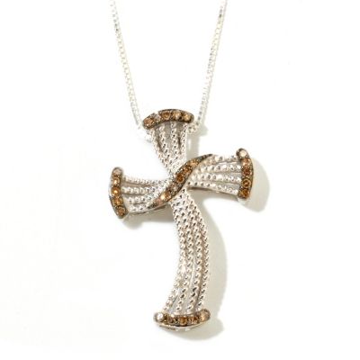 125-361 - Diamond Treasures Sterling Silver 0.25ctw Mocha Diamond Wavy Cross Pendant