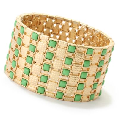 SHANNON GOLDTONE AND GREEN STATION STRETCH BRACELET