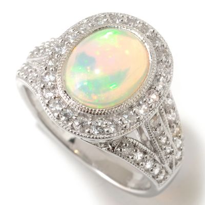 125-473 - Gem Insider Sterling Silver 10 x 8mm Opal & White Sapphire Ring