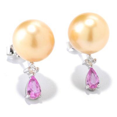 125-479 - Sterling Silver 9-10mm Golden South Sea Cultured Pearl & Gemstone Earrings