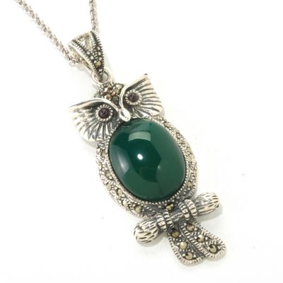 SS GREEN AGATE MARCASITE OWL PEND