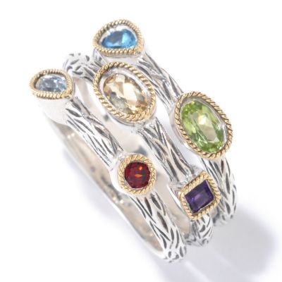 SS/18k MULTI GEMSTONE 3-ROW SCATTER RING