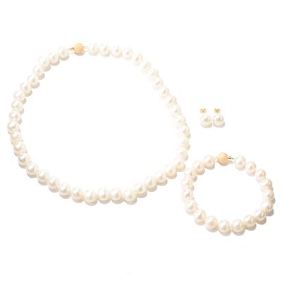14K YG 10-11mm WHITE FWP NECK, BRACELET & BUTTON EARRING SET