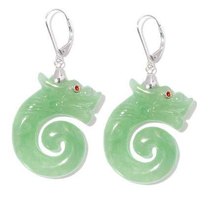 125-595 - Sterling Silver Carved Green Jade Dragon Leverback Earrings 