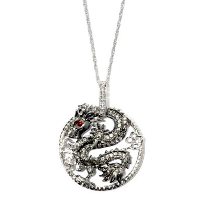 125-597 - Sterling Silver Garnet & White Topaz Dragon Circle Pendant w/ Chain    