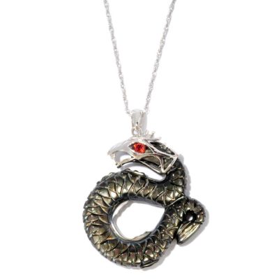 SS BLACK MOP & GARNET DRAGON PENDANT W/CHAIN