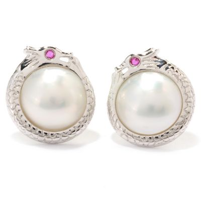 SS 11-11.5mm WHITE MABE w/RUBY EYE DRAGON EARRINGS