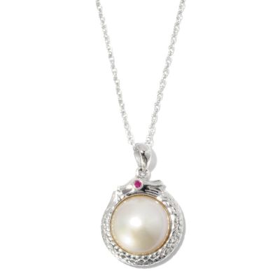 SS 12.5-13mm WHITE MABE w/RUBY EYE DRAGON PENDANT w/CHAIN