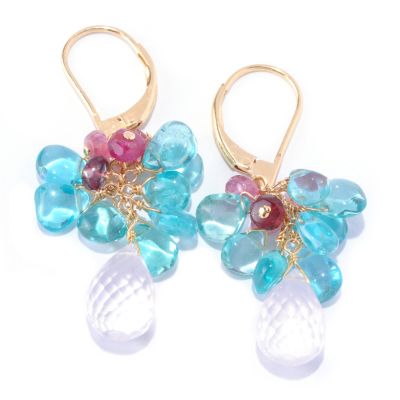 KA - SS/18KGP EAR APATITE, PINK TOURM & ROSE QTZ BRIOLETTE LEVER BACK