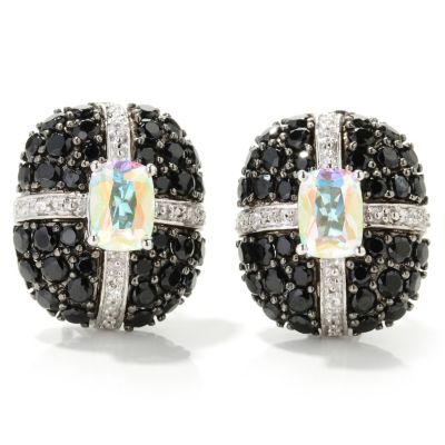 SS/PLAT EAR GEM w/ BLK SPINEL & WHT ZIRCON OMEGA BACKS