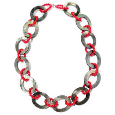 125-650 - Sterling Silver 24" 32 x 38mm Oval Black-Grey Mother-of-Pearl & Bead Necklace
