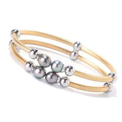 125-655 - Stainless Steel 7" 7-8mm Black Tahitian Cultured Pearl Double Row Bangle Bracelet