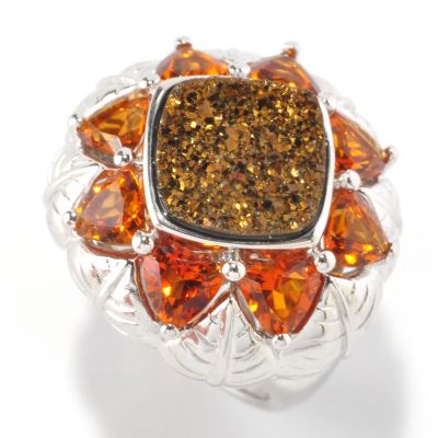 125-673 - Gem Insider Sterling Silver 10mm Square Mocha Drusy & Citrine Flower Ring