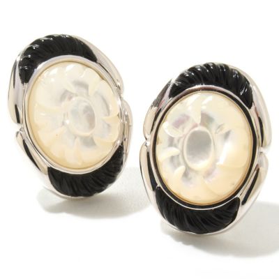 125-736 - Sterling Silver 13 x 15mm White Mother-of-Pearl Carved Flower & Onyx Earrings