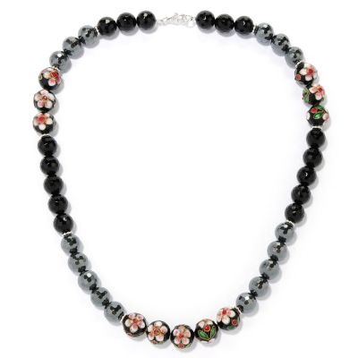 SS FACETED HEMATINE,ONYX & CLOSIONNE NECKLACE