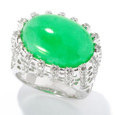 125-738 - Sterling Silver 13 x 18mm Oval Green Jade & White Topaz East West Ring