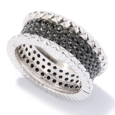 SS 3 ROW PAVE BLK SPINEL RING NO WAVE