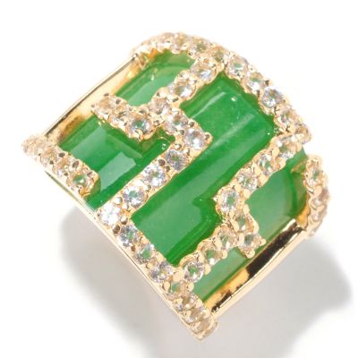 SS/YG GREEN JADE & WHITE TOPAZ RING
