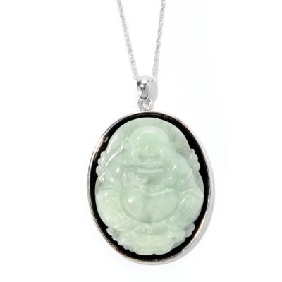 SS 32x40mm CARVED GREEN JADE LAUGHING BUDDHA & ONYX PENDANT w/CHAIN