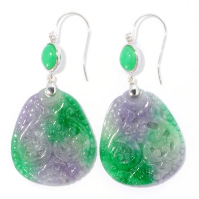 125-916 - Sterling Silver 28 x 32mm Green & Lavender Royal Carved Jade Earrings