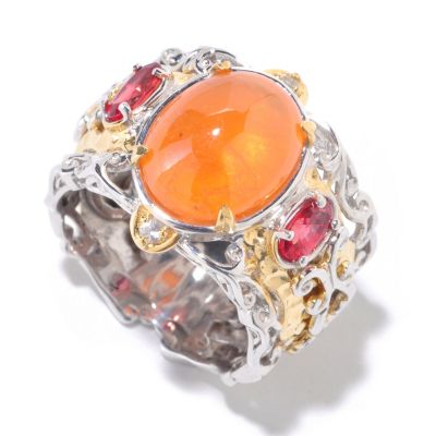 SS/PALL RING SPESSARTITE CABOCHON & ORG SAPH MARTELLATO BAND