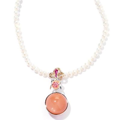 126-009 - Gems en Vogue II Peach Moonstone & Multi Gemstone Enhancer w/ 18'' Pearl Necklace 