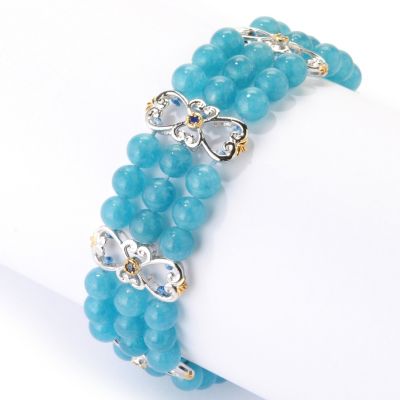 126-012 - Gems en Vogue II Three-row Beryl Bead & Sapphire Fancy Station Link Bracelet 