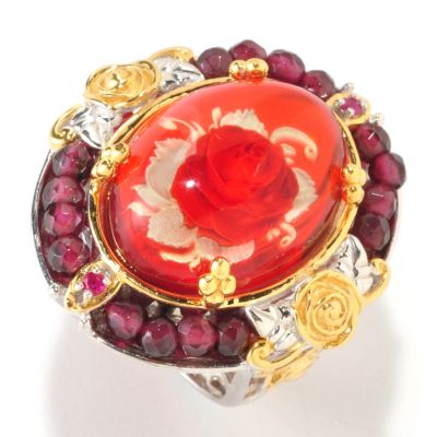 SS/PALL RING HAND-CARVED TWO-TONE ROSE AMBER INTAGLIO & MULTI GEM