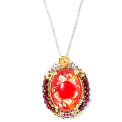 SS/PALL PEND HAND-CARVED TWO-TONE ROSE AMBER INTAGLIO & MULTI GEM w/ 18" CHAIN