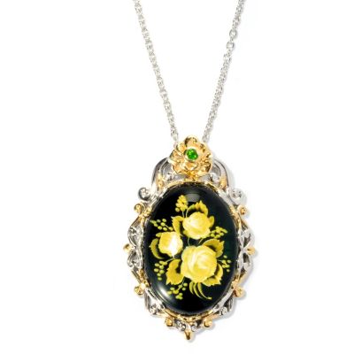 SS/PALL PEND GREEN CARVED AMBER ROSE BOUQUET INTAGLIO & CHROME DIOP w/ 18" CHAIN