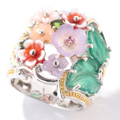 SS/PALL RING CARVED MULTI GEMSTONE LEAF & FLOWER