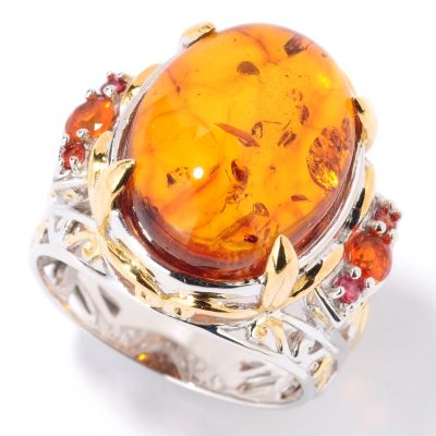 126-044 - Gems en Vogue II 16mm x 12mm Baltic Amber & Fire Opal Ring 