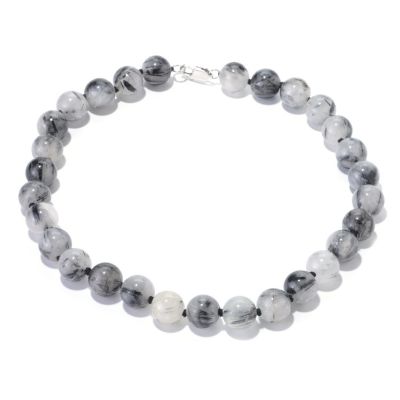 SS LARGE LOBSTER CLASP BLK AND WHITE RUTILATED QTZ BEAD NECK HAND KNOTED