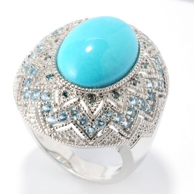 SS SLEEPING BEAUTY TURQ OVAL RING W BLUE DIAMOND & SWISS BLUE TOPAZ
