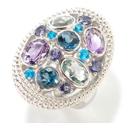 126-090 - Gem Insider Sterling Silver Multi Gemstone Beaded Frame Oval Ring