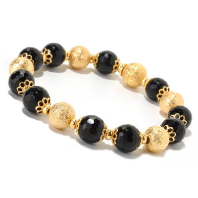 126-124 - Scintilloro&trade; Gold Embraced&trade; 8'' 71.60ctw Black Onyx & Diamond Cut Bead Bracelet 