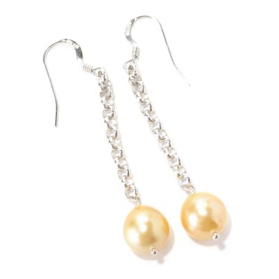 SS 9-10mm SEMI-BAROQUE GOLEDN SOUTH SEA PEARL LINK CHAIN DROP EARRINGS