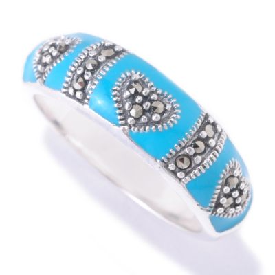 SS MACASITE HEART BAND RING WITH ENAMEL