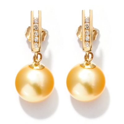 14K YG 9-10mm ROUND GOLDEN SOUTH SEA PEARL & DIAMOND EARRINGS